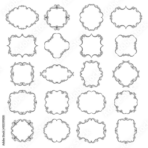 Set collection of empty blank ornamental vintage frames in black color. Page decoration. Vector illustration. Isolated on white background. Can use for birthday card, wedding invitations. 