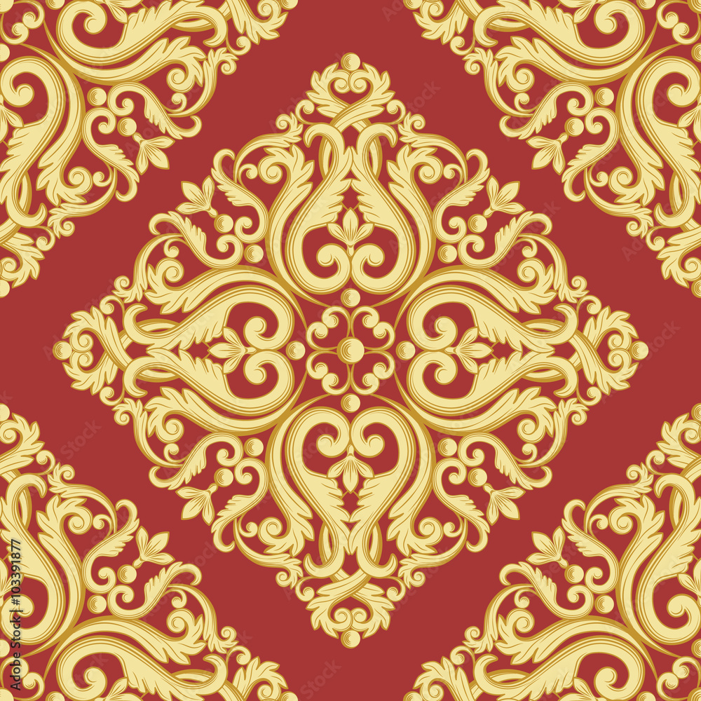Seamless damask pattern. Gold and red texture in vintage rich royal style.  Vector illustration. Can use as background, textile print, wallpapers,  wrapping paper Stock Vector | Adobe Stock