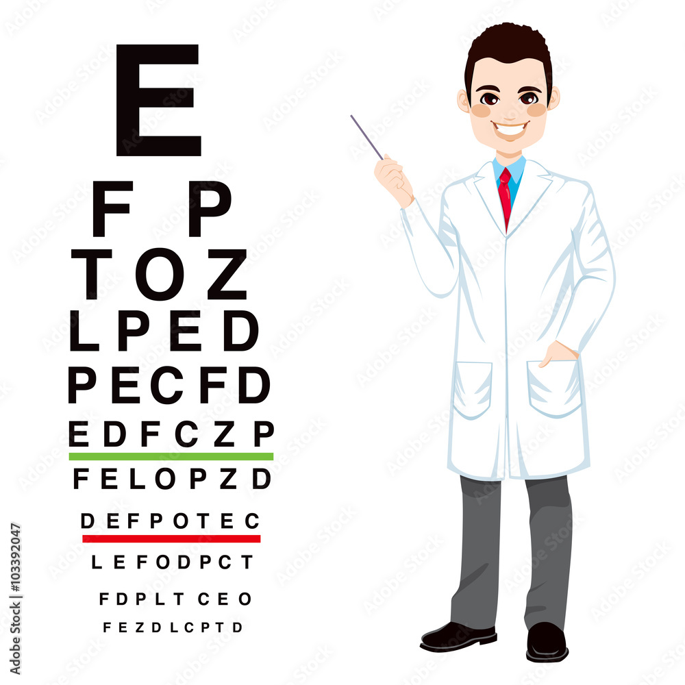 Confident professional male optician pointing to snellen chart isolated on white background Confident professional male optician pointing to snellen chart isolated on white background