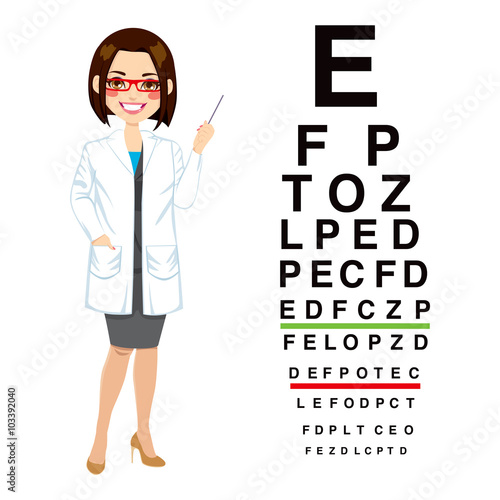 Beautiful professional female optician pointing to snellen chart isolated on white background