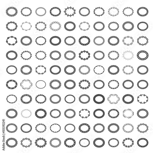 Mega set of 100 the most popular oval frames. Monochromatic ethnic borders in huge collection. Isolated on white background. Vector illustration
