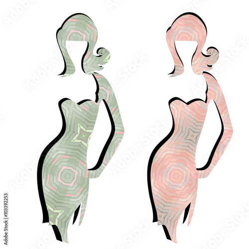 Women elegant silhouette in the dress of pieces type patchwork