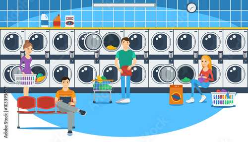 Vector illustration of people in a launderette