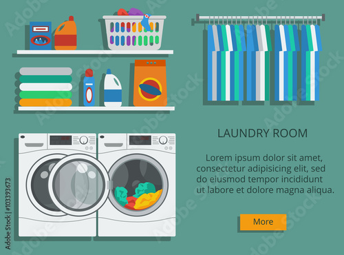 Laundry room with washing machine, facilities for washing, washing powder. Flat style vector illustration.