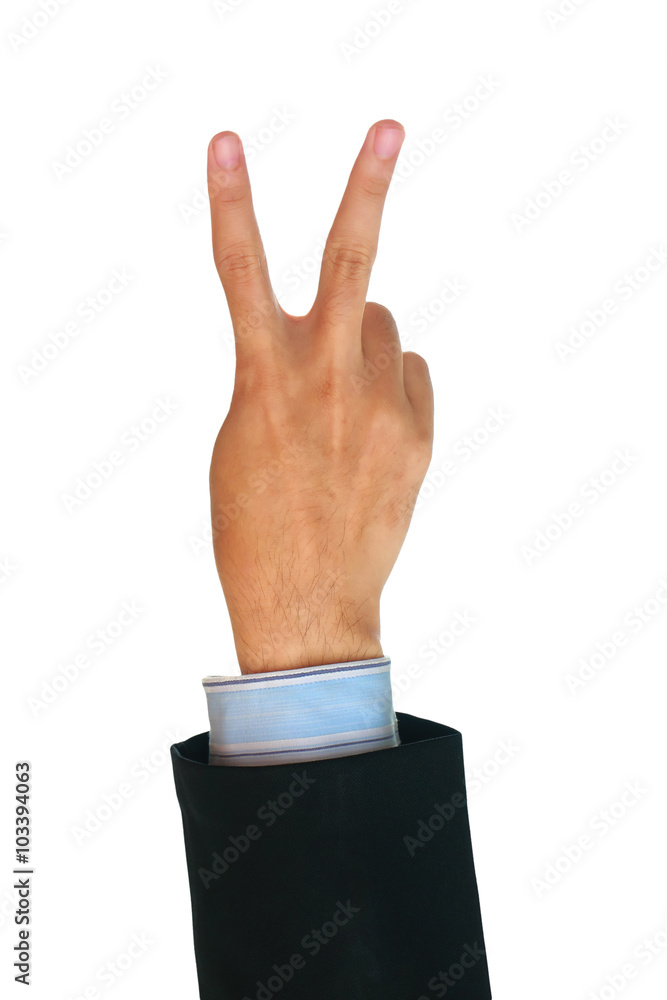 Business man showing gesture two fingers on white background. Business man showing gesture two fingers on white background.