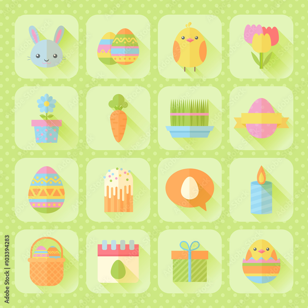 Fototapeta premium Colorful spring Easter flat icons set