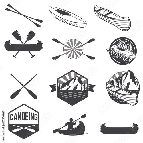 Set of canoeing labels and design elements