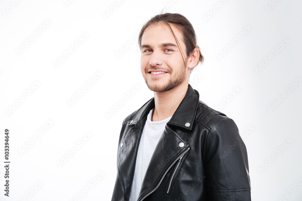 Portrait of handsome smiling young man in black leather jacket Portrait of handsome smiling young man in black leather jacket