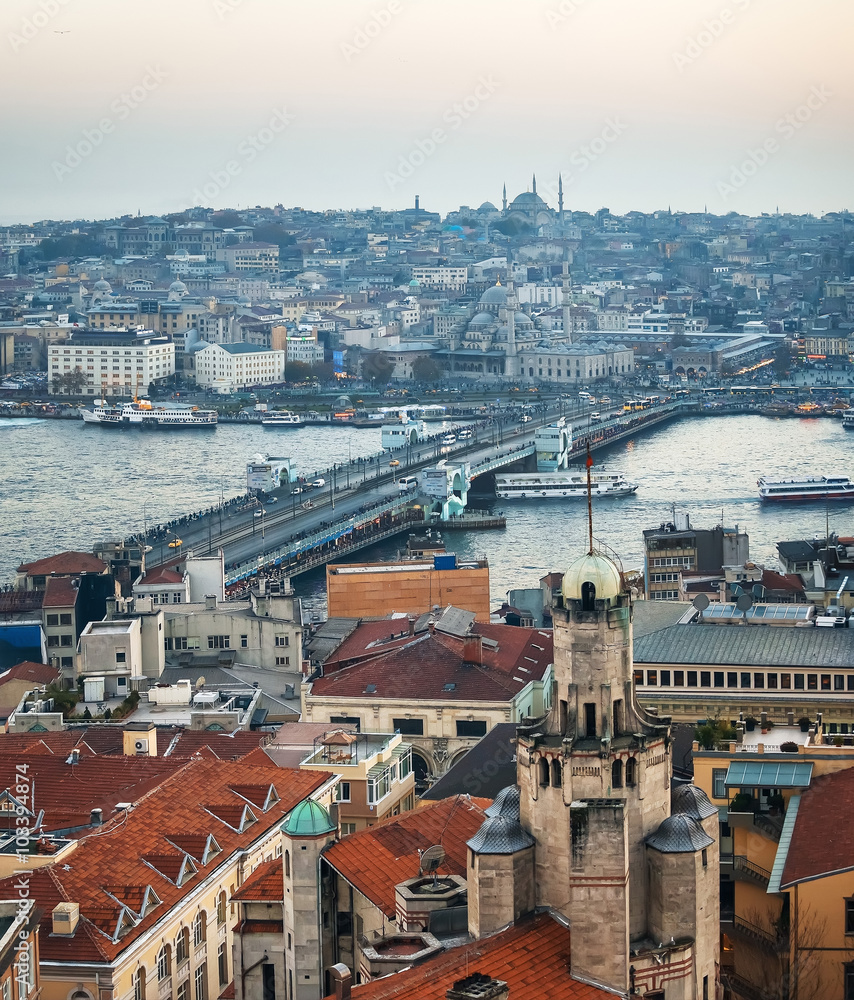 Panoramic view of Galata Bridge from Galata tower, Istanbul, Turkey