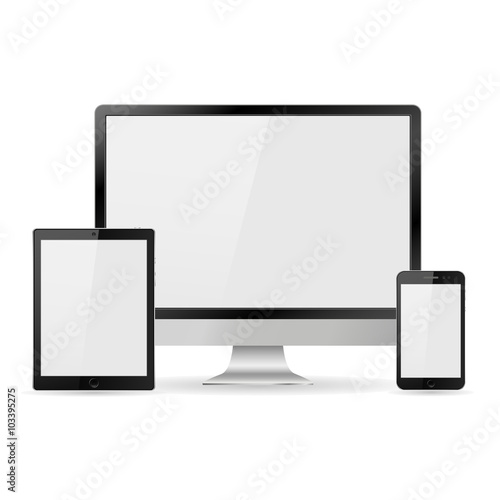 Set of realistic computer monitor, laptop, tablet and mobile phone with empty white screen. Various modern electronic gadget isolated on white background. Vector illustration EPS10
