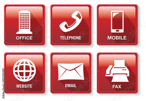 Red and White Business Contact Method Vector Icon Button Set