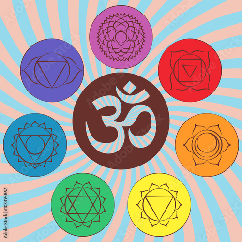 Chakra pictograms and symbol OM in the centre. Set of chakras used in Hinduism, Buddhism and Ayurveda. Elements for your design. Vector illustration