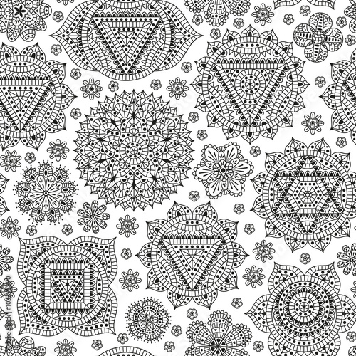 Seamless pattern with seven chakras. Oriental ornaments for henna tattoo and for your design. Buddhism decorative elements. Vector illustration.