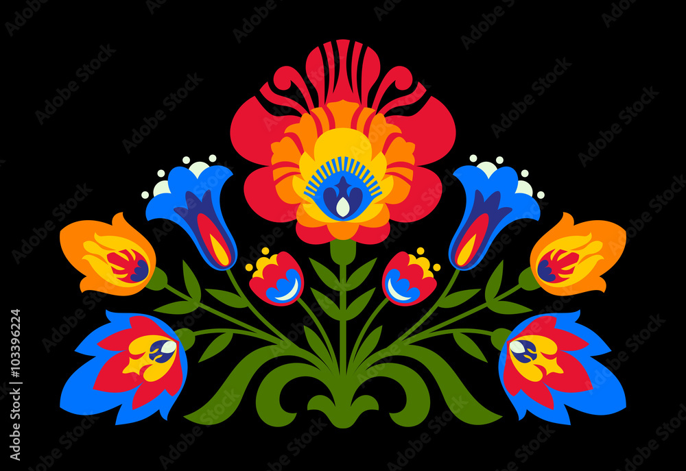 Fototapeta premium Polish folk inspired flowers on black background