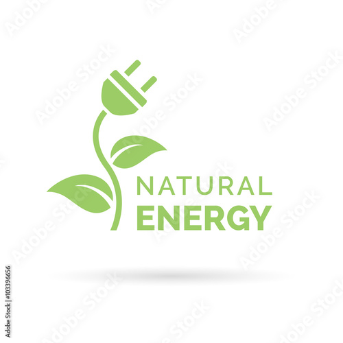Natural green eco energy icon with electric plug, plant and leaf symbol. Vector illustration.