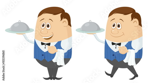 Fullhd 1920x1080 Progressive Seamlessly Looping Video, Waiters, Funny Cartoon Characters in Blue Uniform with Closed Trays, Coming to Serve Clients. Animated Elements for Design. Alpha Matte Included