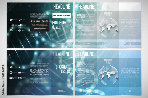 Vector set of tri-fold brochure design template on both sides with world globe element. DNA molecule structure, blue background.