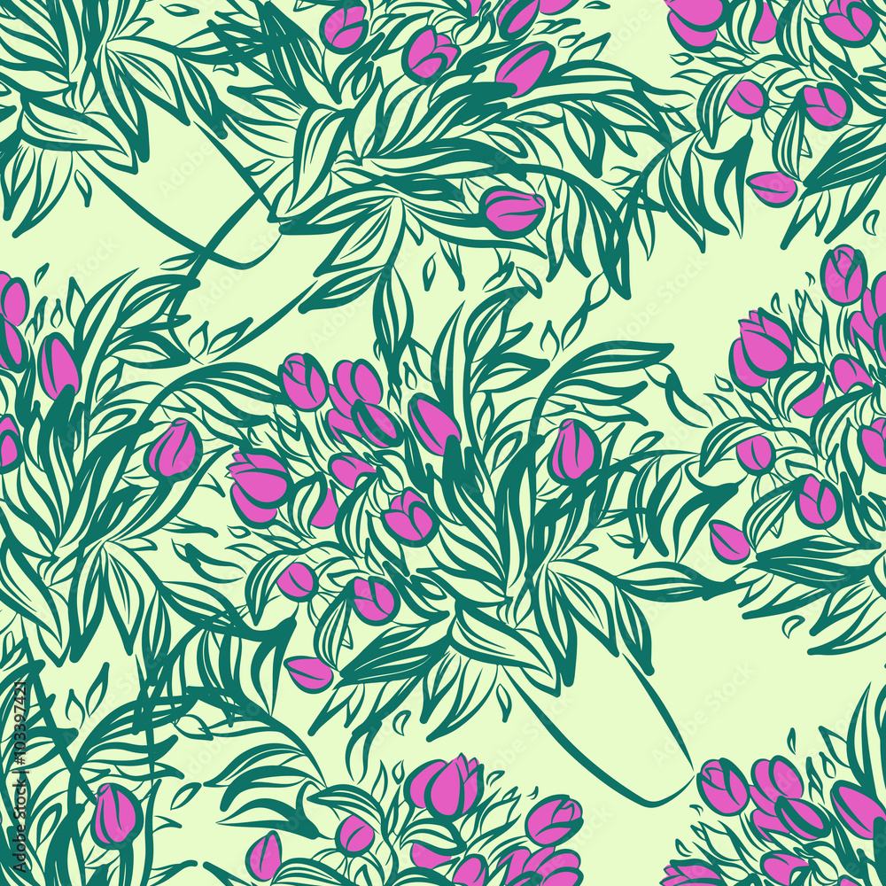 Fototapeta premium Seamless wallpaper pattern with tulips in vase