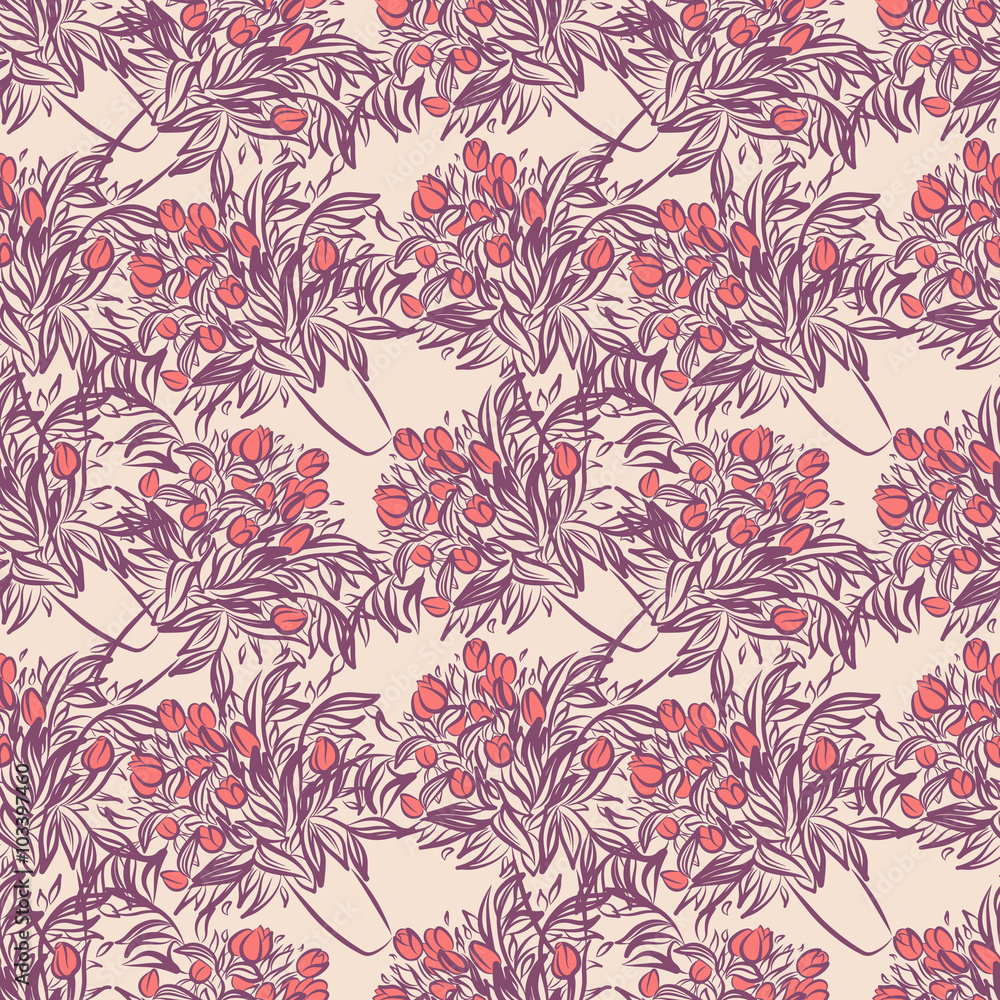 Fototapeta premium Seamless wallpaper pattern with tulips in vase