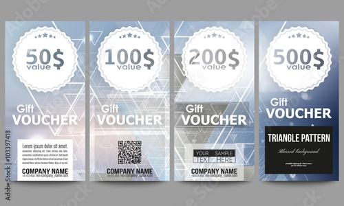 Set of modern gift voucher templates. Abstract blurred vector background with triangles, lines and dots