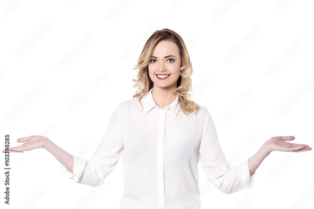 attractive woman presenting something attractive woman presenting something