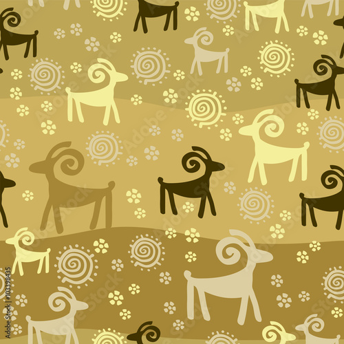 Vector gold background - ram under the sun with flowers (fashion seamless - style petroglyphs)