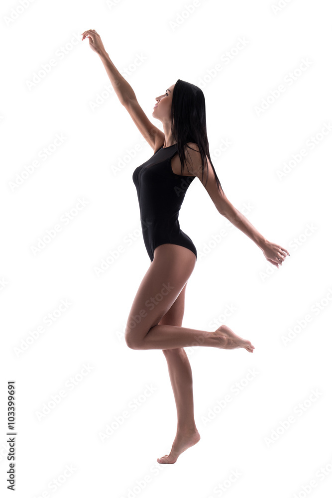 silhouette of sexy woman in black bodysuit posing isolated on wh