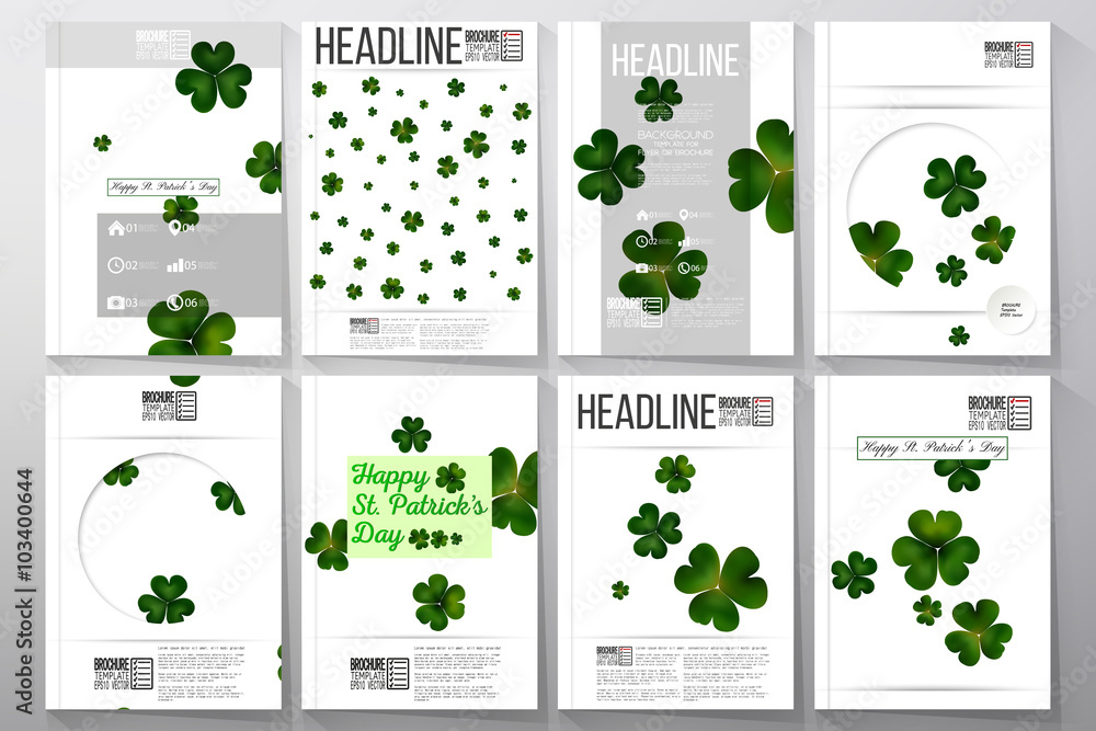 Set of business templates for brochure, flyer or booklet. St Patricks day vector background, green clovers on white