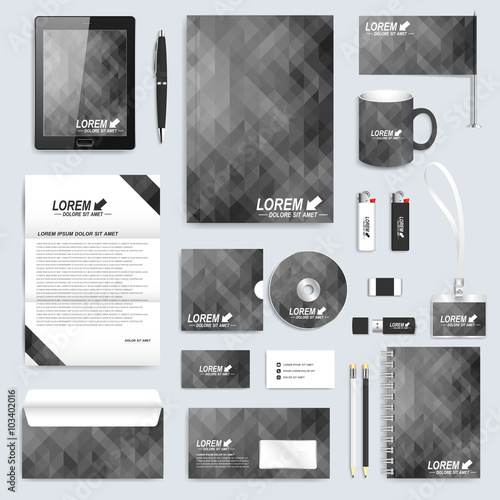 Set of vector corporate identity template. Modern business stationery mock-up. Background with black triangles. Branding design