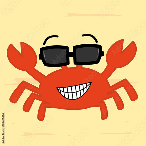 funny cartoon crab with sunglass on the beach cute vector illustration