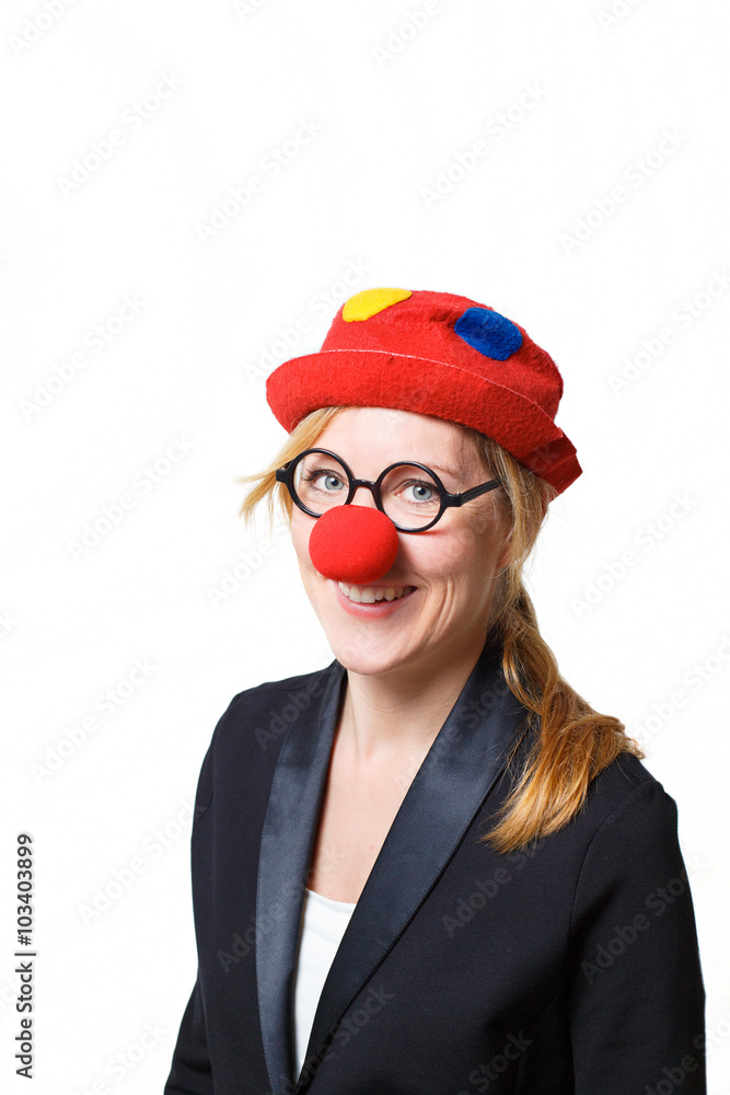 Frau als Clown verkleidet mit Business Anzug Kostüm Frau als Clown verkleidet mit Business Anzug Kostüm