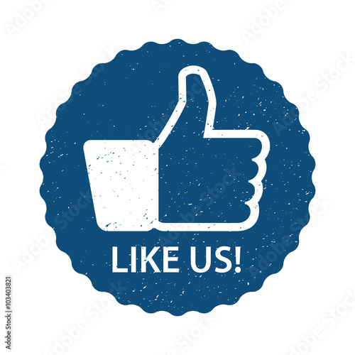 Daumen hoch auf blaumen Sticker mit den englischen Worten LIKE US!