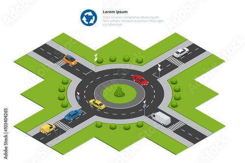 Roundabout, cars, roundabout sign and roundabout road. Asphalted Road Circle. Vector isometric illustration for infographics. City traffic.