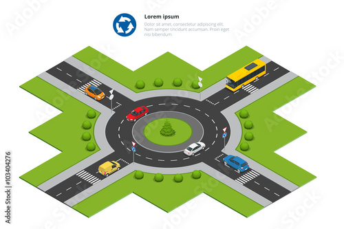 Roundabout, cars, roundabout sign and roundabout road. Asphalted Road Circle. Vector isometric illustration for infographics. City traffic.