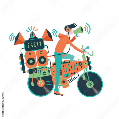 Party bike. Man on a bike with a  professional audio equipment. Dj is holding a megaphone. Cartoon illustration for party posters and invitations. Entertainment sing.
