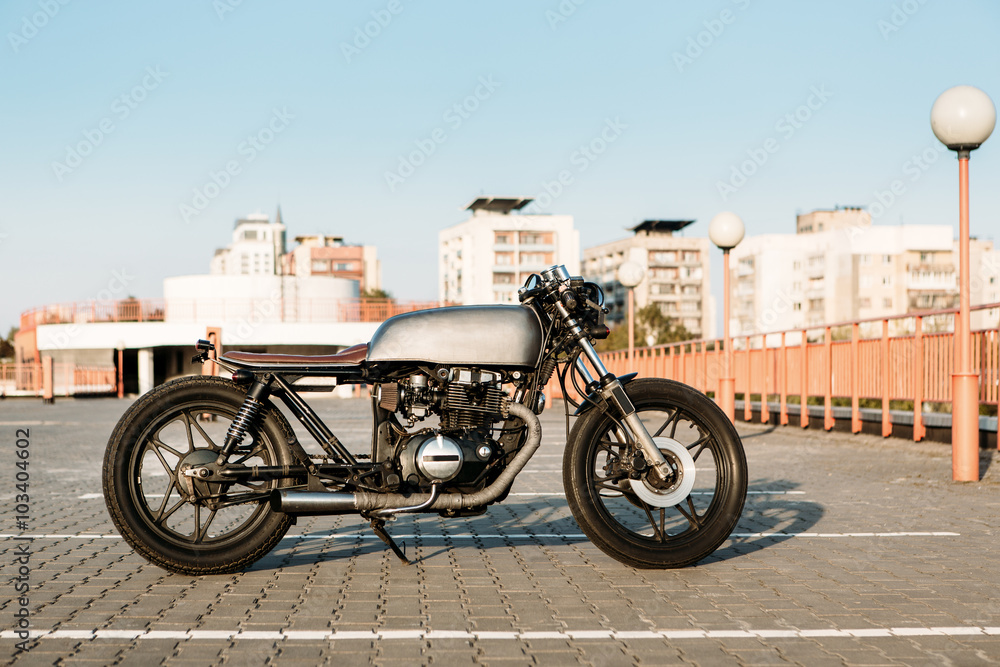 Silver vintage custom motorcycle cafe racer