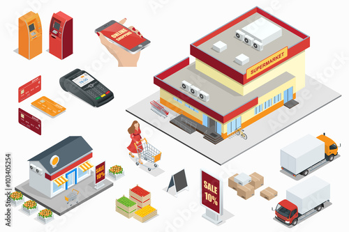 Supermarket exterior minimarket exterior Credit Cards ATM machines POS Terminal  online shoping cargo truck fruits and vegetables in wooden box light box Shopping cart Vector 3d isometric illustration
