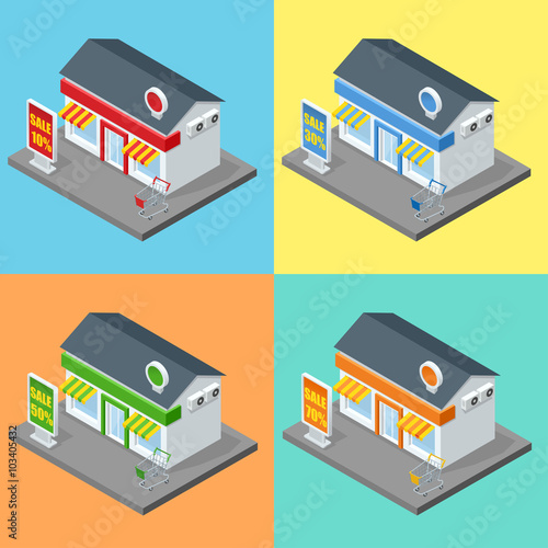 Shop, supermarket exterior. Shops stores and supermarket buildings flat decorative icons set isolated vector 3d isometric illustration