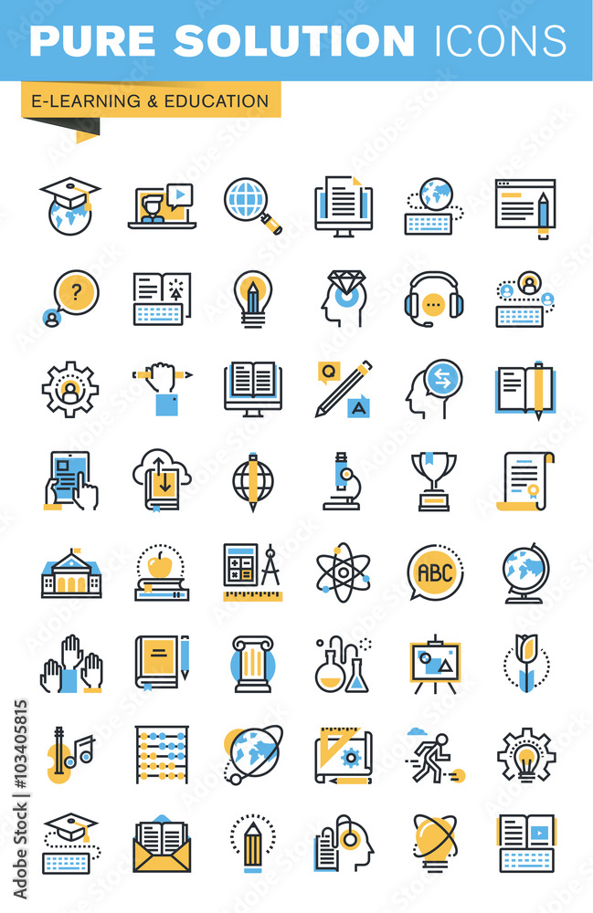 Set of thin line flat design icons of e-learning and education. Icons for websites, mobile websites and apps, easy to use and highly customizable. Set of thin line flat design icons of e-learning and education. Icons for websites, mobile websites and apps, easy to use and highly customizable.