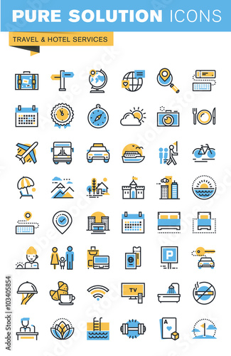 Set of thin line flat design icons of travel and hotel services. Icons for websites, mobile websites and apps, easy to use and highly customizable.