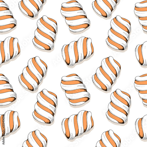 Seamless stylish pattern with marshmallows in sketch. Sweet pattern for clothing design. Bright summer pattern for design. Background with sweets. Pattern for the confectionery  packaging dessert