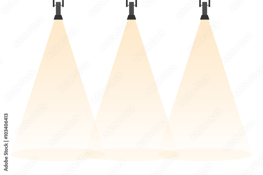 Three spotlights shines down isolated on white background. Illuminated rays background. Design element. Vector illustration, EPS 10. Three spotlights shines down isolated on white background. Illuminated rays background. Design element. Vector illustration, EPS 10.