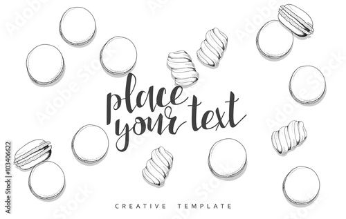 Macaroon and marshmallow in sketch. Conceptual background template for presentations. Realistic outline items. Sweet candy. Sweets on table. Presentation text. Set of objects in sketch. Coloring adult