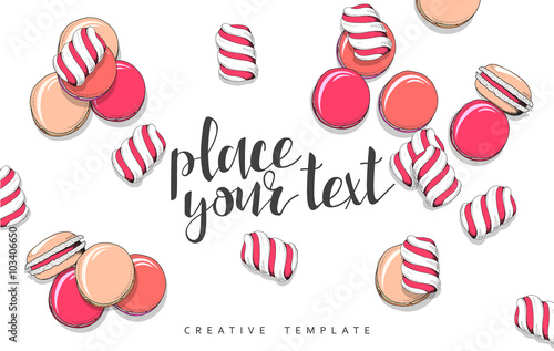 Macaroon and marshmallow in sketch. Conceptual background template for presentations. Realistic outline items. Sweet candy. Sweets on table. Presentation Text. Set of dright color objects in sketch