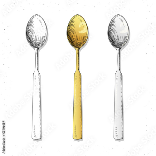 Set realistic sketch spoons . Cutlery for design. Tea and tablespoons. Spoon handmade to create a design. Gold and silver spoons . Bright macaroon set in sketch style.