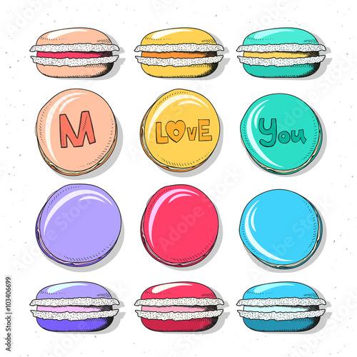 Set realistic sketch macaroon. Sweets for design. Confectionery. Sweets handmade to create a design. Sweets for children. Bright macaroon set in sketch style.