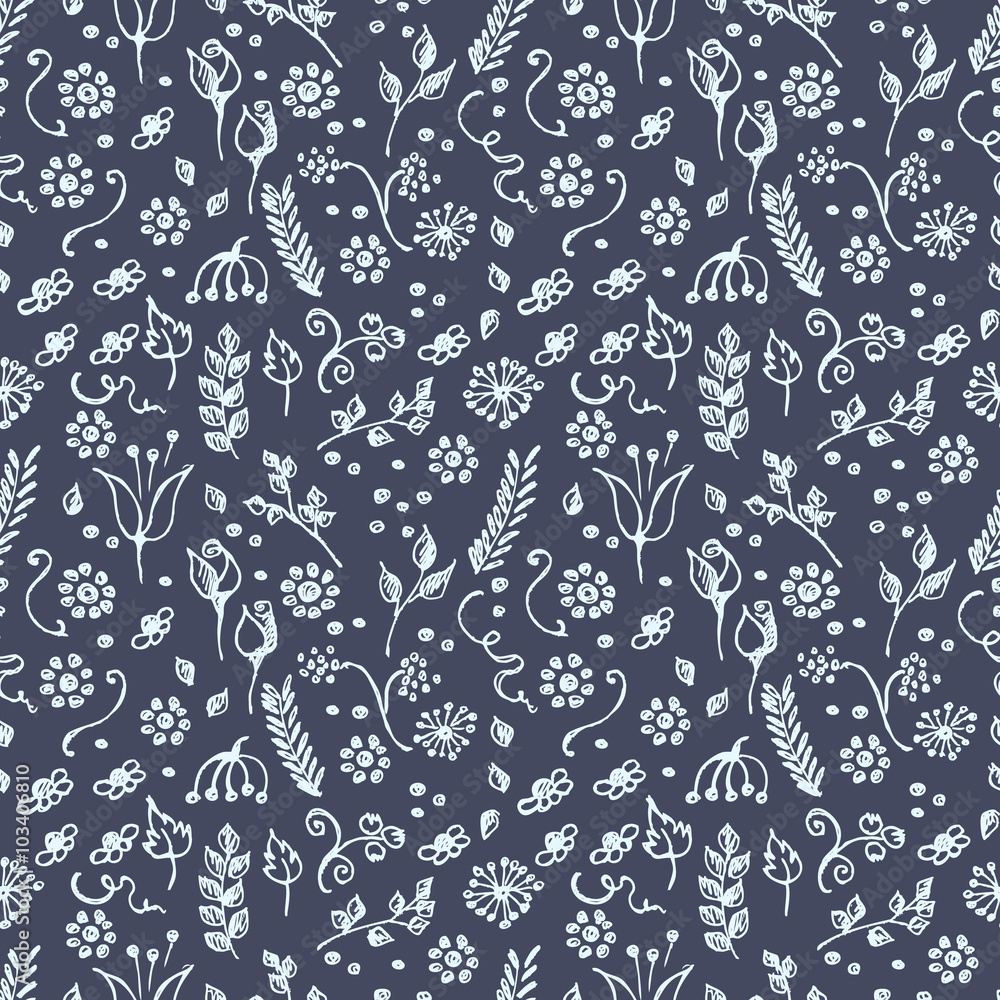 Seamless vector pattern, background with flowers and leaves on the blue backdrop. Hand sketch drawing. Imitation of ink pencilling. Series of Hand Drawn Patterns. Seamless vector pattern, background with flowers and leaves on the blue backdrop. Hand sketch drawing. Imitation of ink pencilling. Series of Hand Drawn Patterns.
