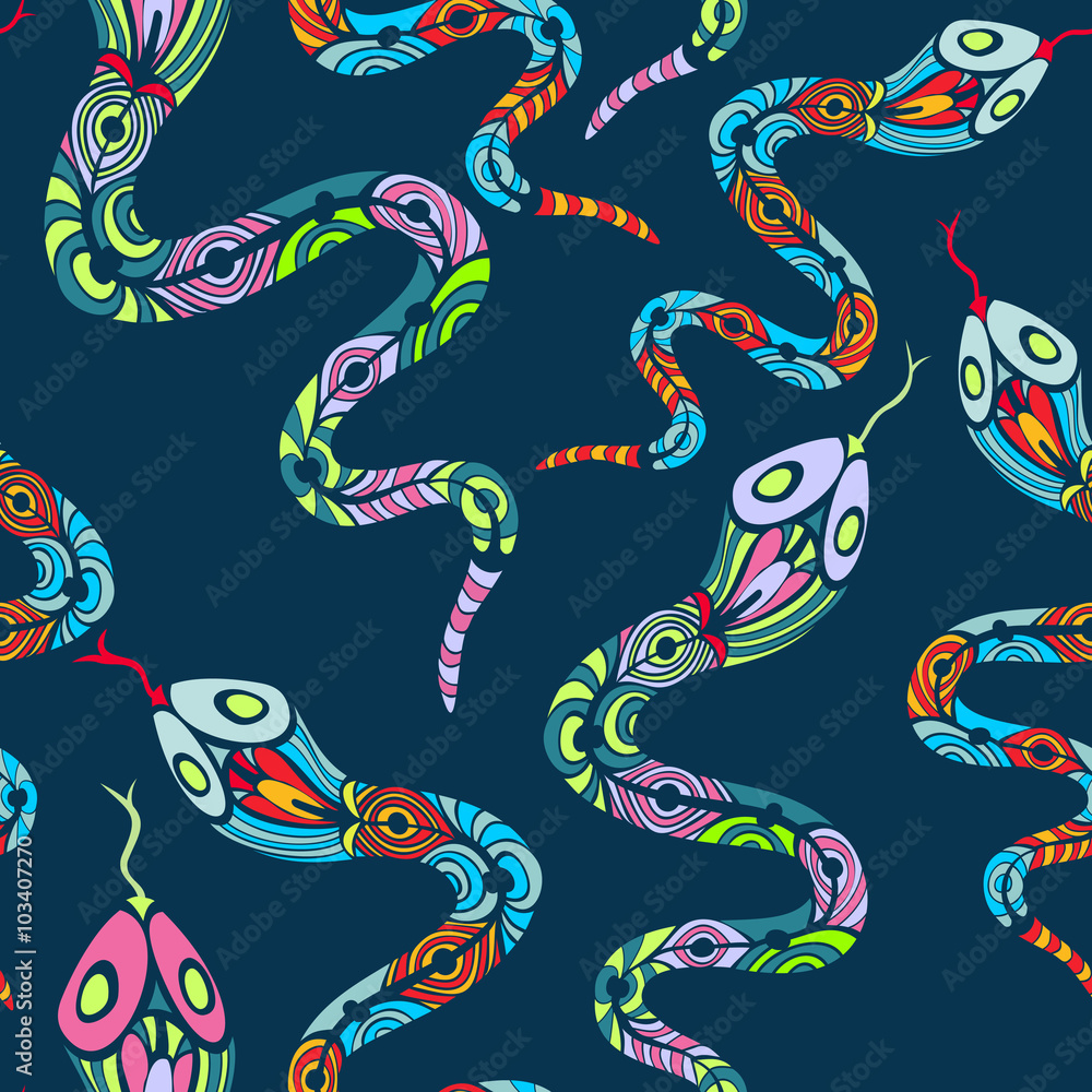 Seamless Background With Cute Ornate Snakes Seamless Background With Cute Ornate Snakes