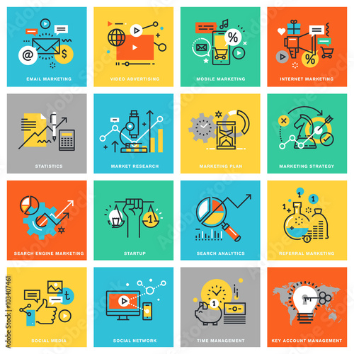 Thin line flat design icons for digital marketing, different categories of marketing and advertising, social media and network, analytics and planning, marketing strategy. Icons for web and app design