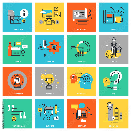 Modern thin line flat design icons for the basic company presentation via the website. Icons for web and app design, easy to use and highly customizable.